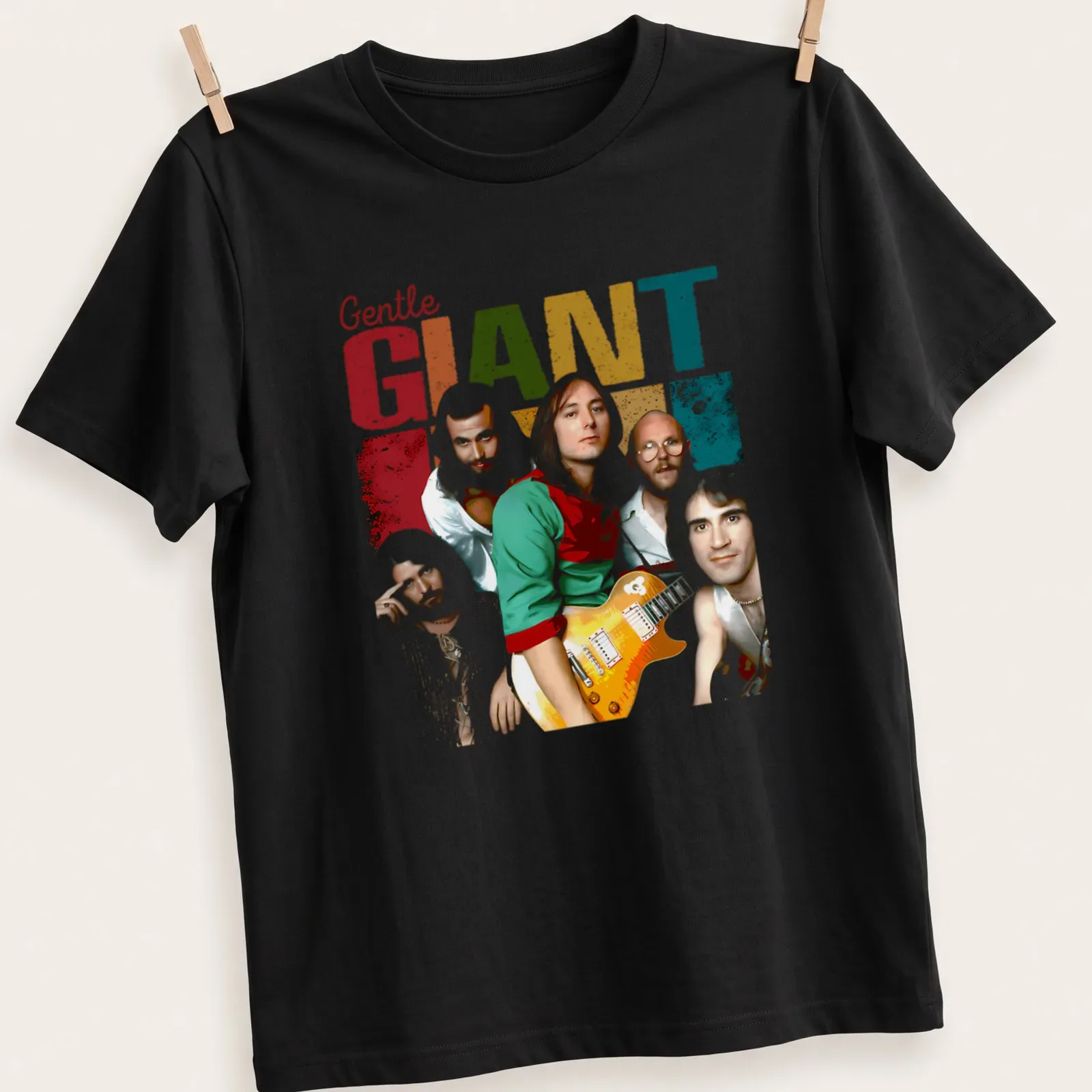 Vintage T-shirt featuring Gentle Giant band members in vibrant colors — printed on a unisex t-shirt