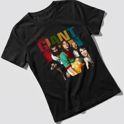 Vintage T-shirt featuring Gentle Giant band members in vibrant colors — printed on a women's shirt