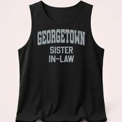 Bold collegiate Georgetown Sister In-Law shirt in gray — printed on a tank top