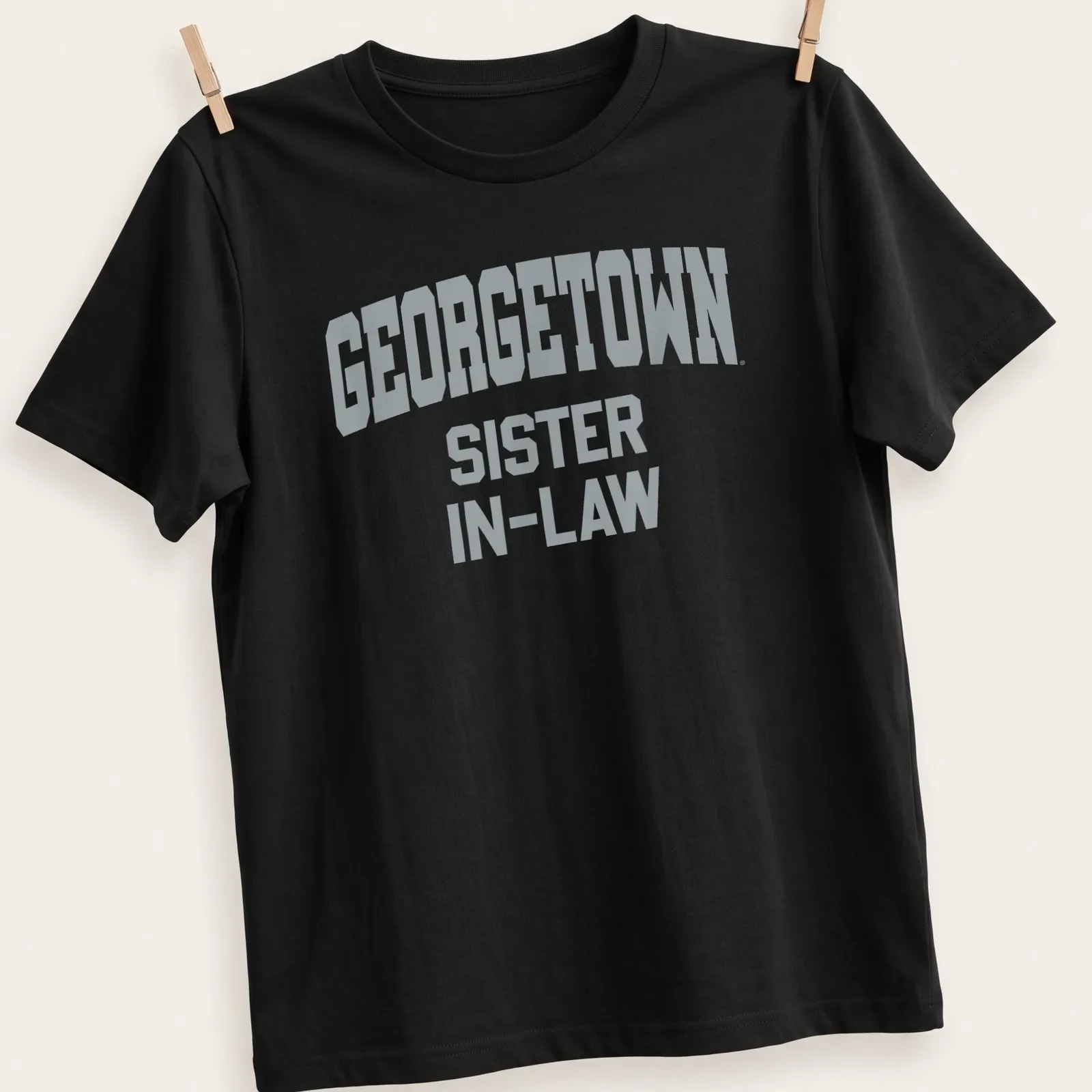 Bold collegiate Georgetown Sister In-Law shirt in gray — printed on a unisex t-shirt