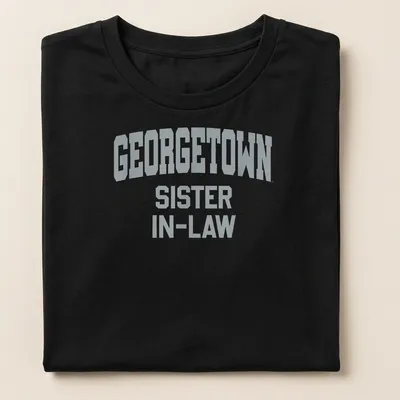 Bold collegiate Georgetown Sister In-Law shirt in gray — printed on a women's shirt