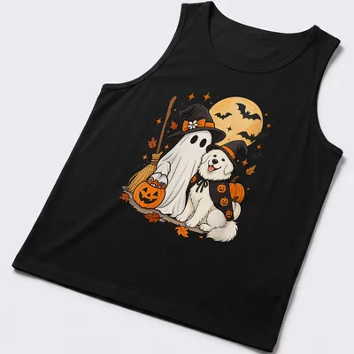 Kawaii illustration of a Great Pyrenees dog in a witch hat, featuring vibrant Halloween colors. — printed on a tank top