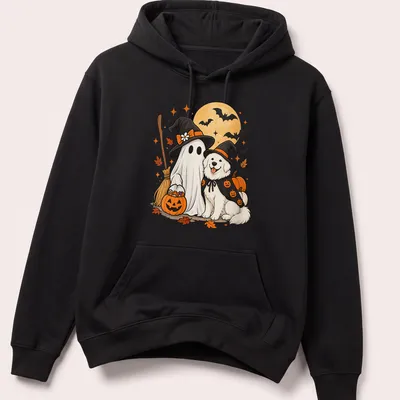 Kawaii illustration of a Great Pyrenees dog in a witch hat, featuring vibrant Halloween colors. — printed on a unisex hoodie