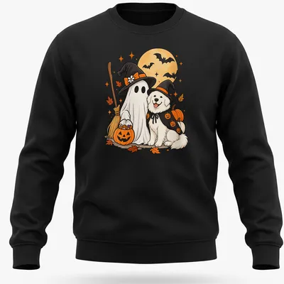 Kawaii illustration of a Great Pyrenees dog in a witch hat, featuring vibrant Halloween colors. — printed on a unisex sweatshirt