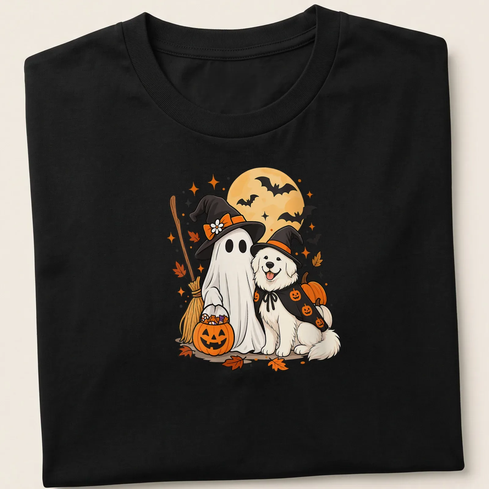 Kawaii illustration of a Great Pyrenees dog in a witch hat, featuring vibrant Halloween colors. — printed on a unisex t-shirt