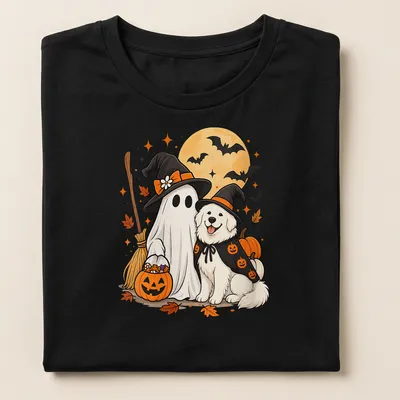 Kawaii illustration of a Great Pyrenees dog in a witch hat, featuring vibrant Halloween colors. — printed on a women's shirt