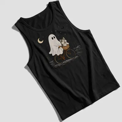 Cartoon of an Alaskan Malamute riding a bicycle, with Halloween themes — printed on a tank top