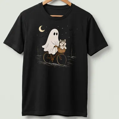 Cartoon of an Alaskan Malamute riding a bicycle, with Halloween themes