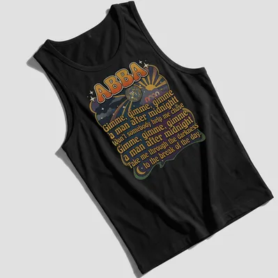 Colorful retro design featuring ABBA lyrics with a disco ball and sun rays — printed on a tank top