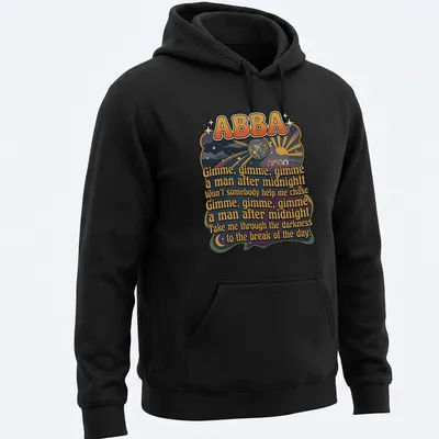 Colorful retro design featuring ABBA lyrics with a disco ball and sun rays — printed on a unisex hoodie
