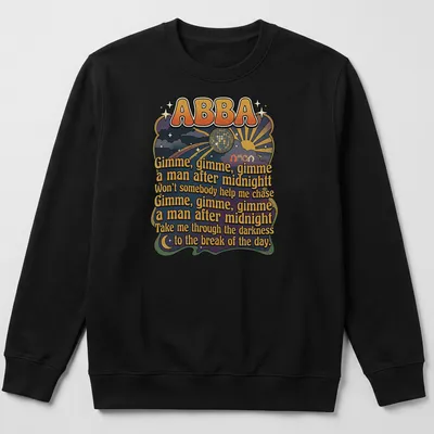 Colorful retro design featuring ABBA lyrics with a disco ball and sun rays — printed on a unisex sweatshirt