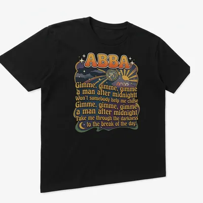 Colorful retro design featuring ABBA lyrics with a disco ball and sun rays — printed on a unisex t-shirt (angled view)
