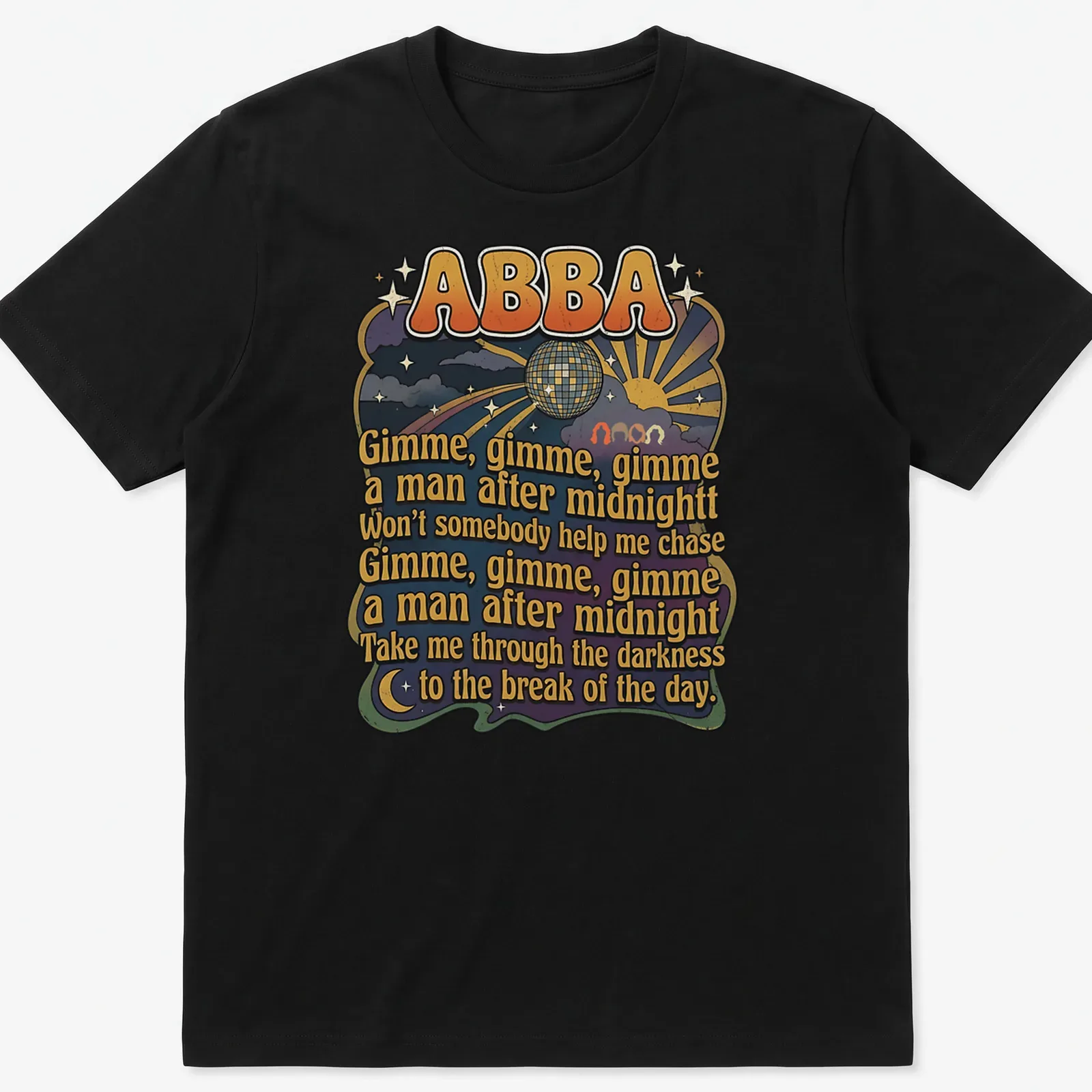 Colorful retro design featuring ABBA lyrics with a disco ball and sun rays — printed on a unisex t-shirt