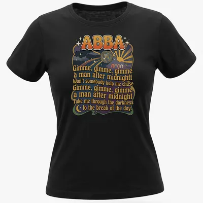 Colorful retro design featuring ABBA lyrics with a disco ball and sun rays — printed on a women's shirt