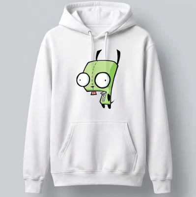 Cartoon style Gir from Invader Zim in green, black, and white colors — printed on a unisex hoodie