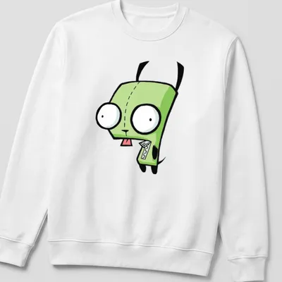 Cartoon style Gir from Invader Zim in green, black, and white colors — printed on a unisex sweatshirt