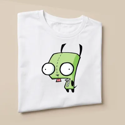 Cartoon style Gir from Invader Zim in green, black, and white colors — printed on a unisex t-shirt (angled view)
