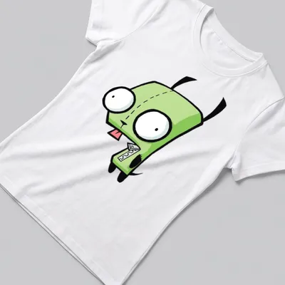 Cartoon style Gir from Invader Zim in green, black, and white colors — printed on a women's shirt