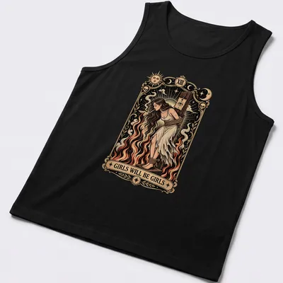 Vintage tarot card design featuring a witch with the phrase 'Girls Will Be Girls' in cream and red. — printed on a tank top