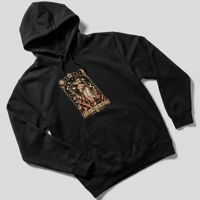 Vintage tarot card design featuring a witch with the phrase 'Girls Will Be Girls' in cream and red. — printed on a unisex hoodie