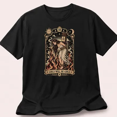 Vintage tarot card design featuring a witch with the phrase 'Girls Will Be Girls' in cream and red.