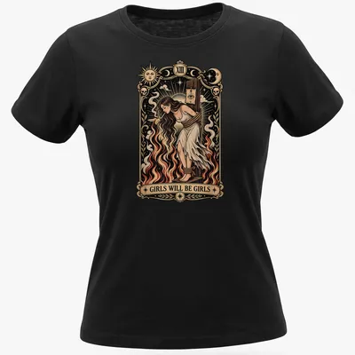 Vintage tarot card design featuring a witch with the phrase 'Girls Will Be Girls' in cream and red. — printed on a women's shirt