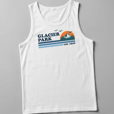 Vintage mountain landscape design with text Glacier Park est. 1910 — printed on a tank top