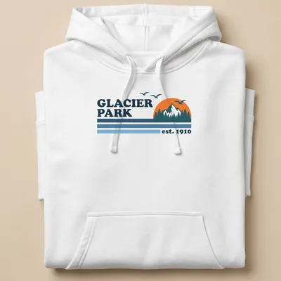 Vintage mountain landscape design with text Glacier Park est. 1910 — printed on a unisex hoodie