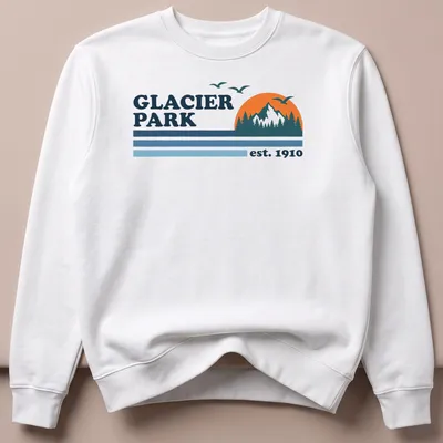 Vintage mountain landscape design with text Glacier Park est. 1910 — printed on a unisex sweatshirt