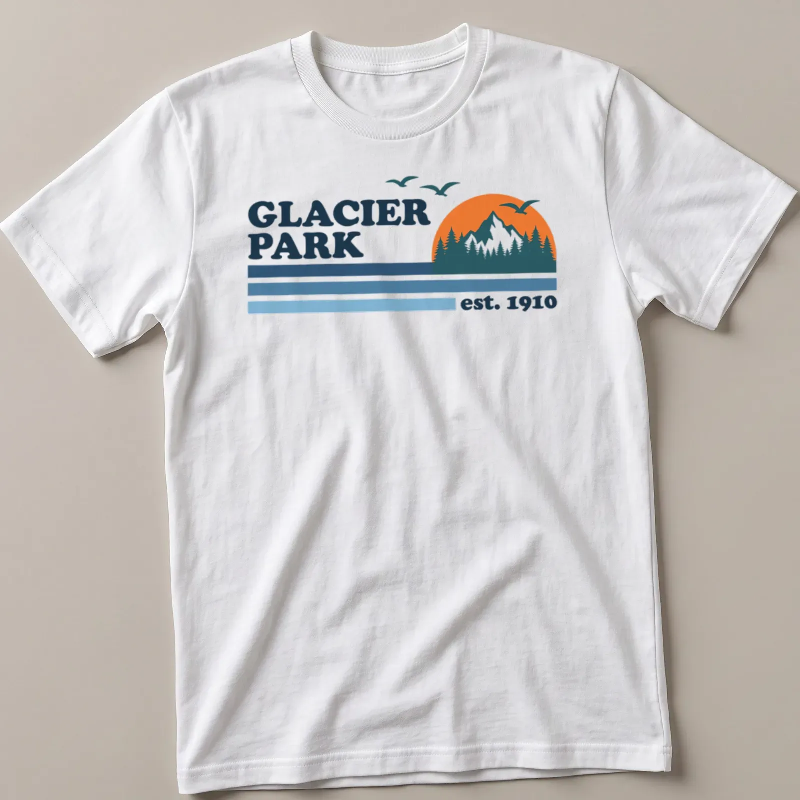 Vintage mountain landscape design with text Glacier Park est. 1910 — printed on a unisex t-shirt
