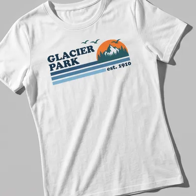 Vintage mountain landscape design with text Glacier Park est. 1910 — printed on a women's shirt