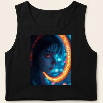 Illustration of a female figure with glowing eyes in a cyberpunk neon portal design — printed on a tank top