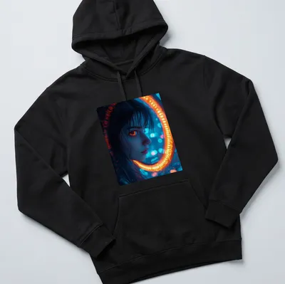 Illustration of a female figure with glowing eyes in a cyberpunk neon portal design — printed on a unisex hoodie