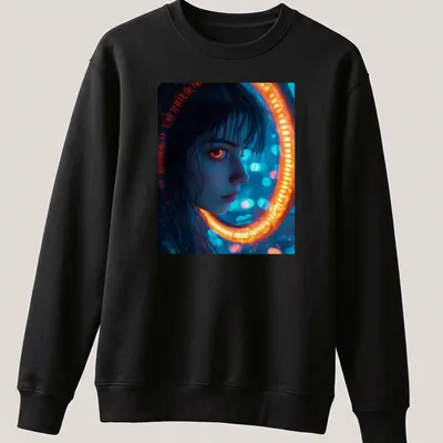 Illustration of a female figure with glowing eyes in a cyberpunk neon portal design — printed on a unisex sweatshirt