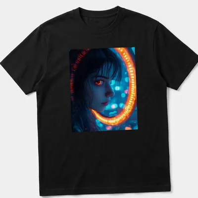 Illustration of a female figure with glowing eyes in a cyberpunk neon portal design