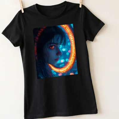 Illustration of a female figure with glowing eyes in a cyberpunk neon portal design — printed on a women's shirt