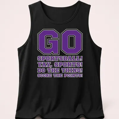 Bold collegiate shirt with humorous sports phrases in purple, black, and white — printed on a tank top