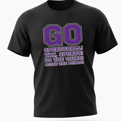 Bold collegiate shirt with humorous sports phrases in purple, black, and white