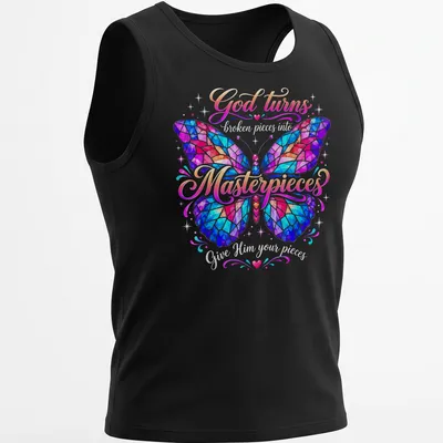 Colorful butterfly mosaic with inspirational text about faith and transformation — printed on a tank top
