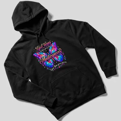 Colorful butterfly mosaic with inspirational text about faith and transformation — printed on a unisex hoodie