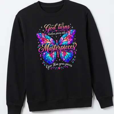 Colorful butterfly mosaic with inspirational text about faith and transformation — printed on a unisex sweatshirt