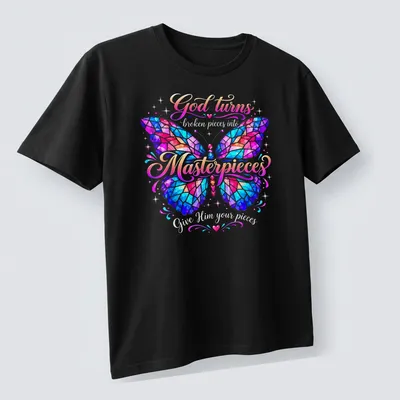 Colorful butterfly mosaic with inspirational text about faith and transformation — printed on a unisex t-shirt (angled view)