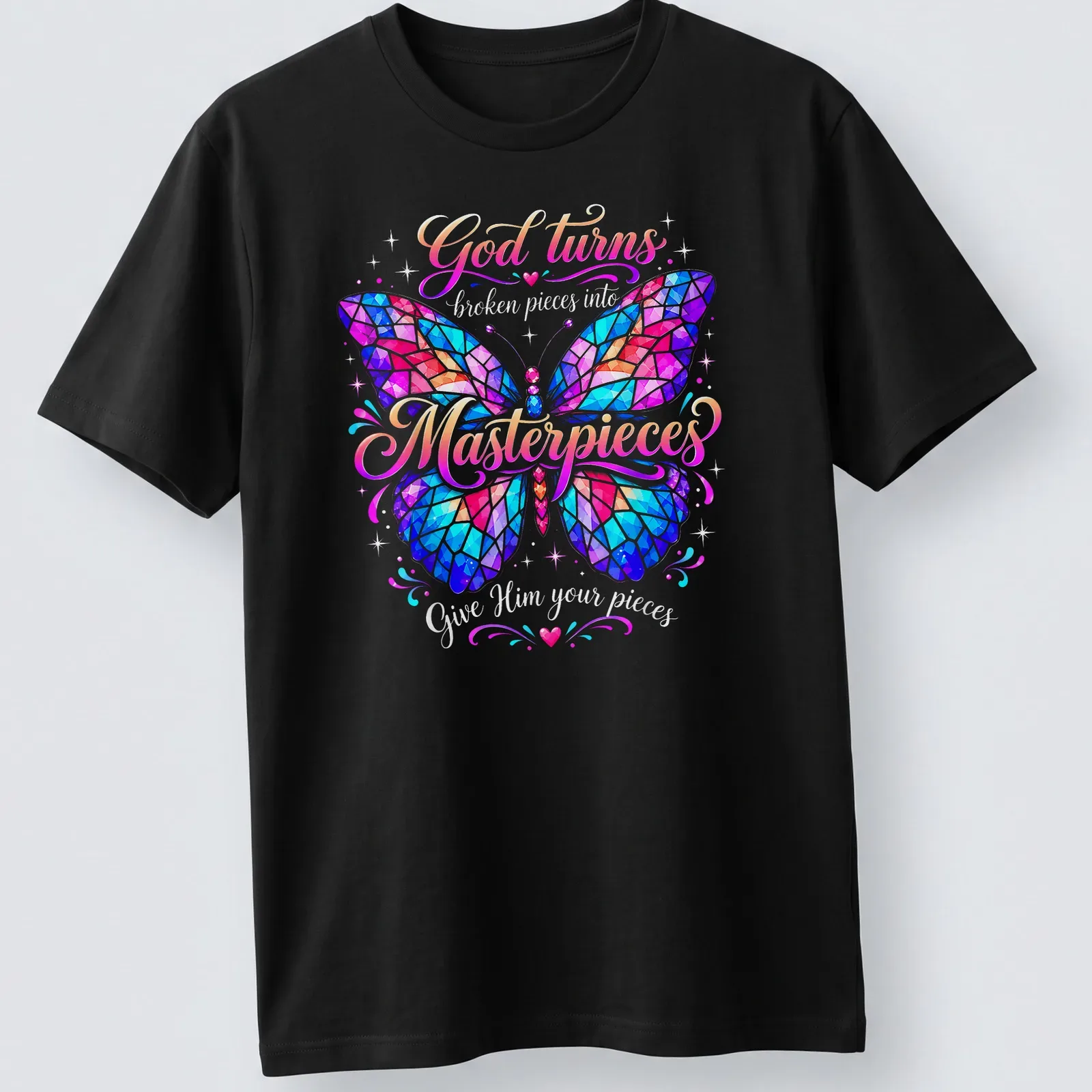 Colorful butterfly mosaic with inspirational text about faith and transformation — printed on a unisex t-shirt