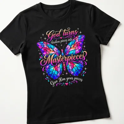 Colorful butterfly mosaic with inspirational text about faith and transformation — printed on a women's shirt