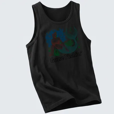 Vintage woodcut print of a mermaid and 'Gone Fishin' text in teal and blue — printed on a tank top