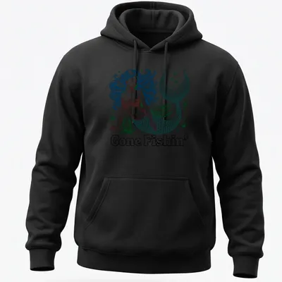 Vintage woodcut print of a mermaid and 'Gone Fishin' text in teal and blue — printed on a unisex hoodie