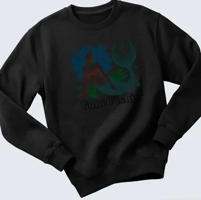 Vintage woodcut print of a mermaid and 'Gone Fishin' text in teal and blue — printed on a unisex sweatshirt