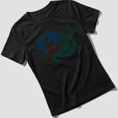 Vintage woodcut print of a mermaid and 'Gone Fishin' text in teal and blue — printed on a women's shirt