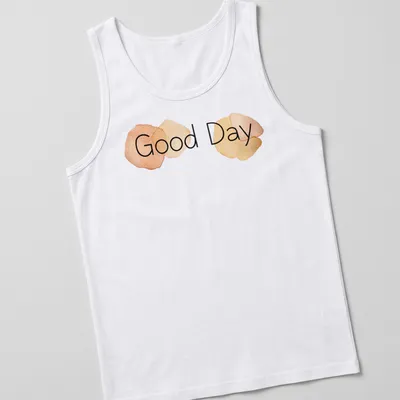 Minimalist t-shirt featuring watercolor circles and the words Good Day in soft colors — printed on a tank top