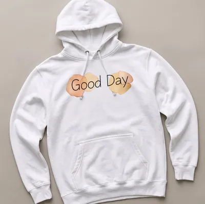 Minimalist t-shirt featuring watercolor circles and the words Good Day in soft colors — printed on a unisex hoodie